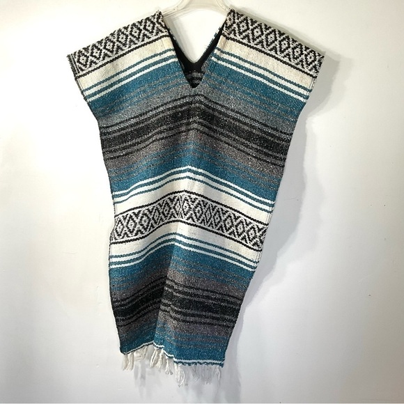 Baja Mexican Blanket‎ Poncho Wrap Blue White Black Striped, One Size - Picture 2 of 6